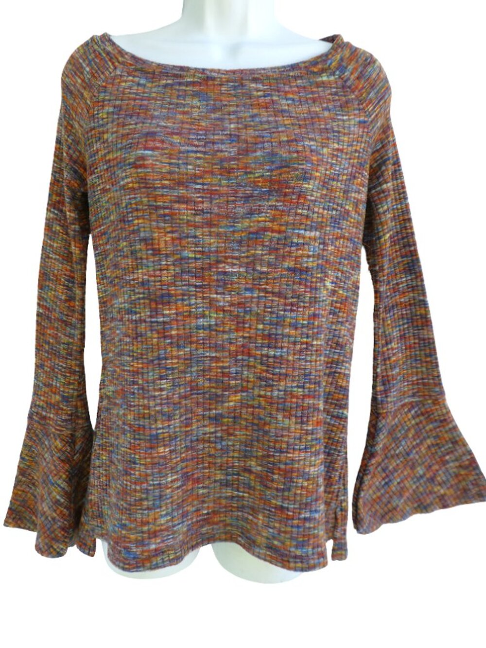 Akemi Kin Anthropologie Multicolor Rainbow Knit Tunic Top Ribbed Bell Sleeves